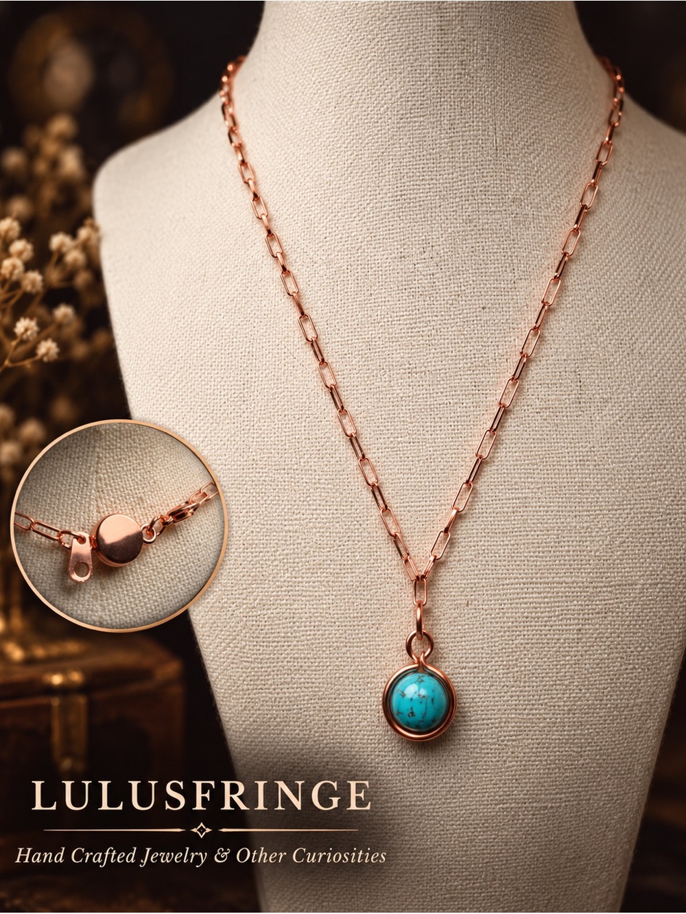 Artisan Turquoise Pendant Necklace - Pure Copper Paper Clip Chain
Magnetic Clasp